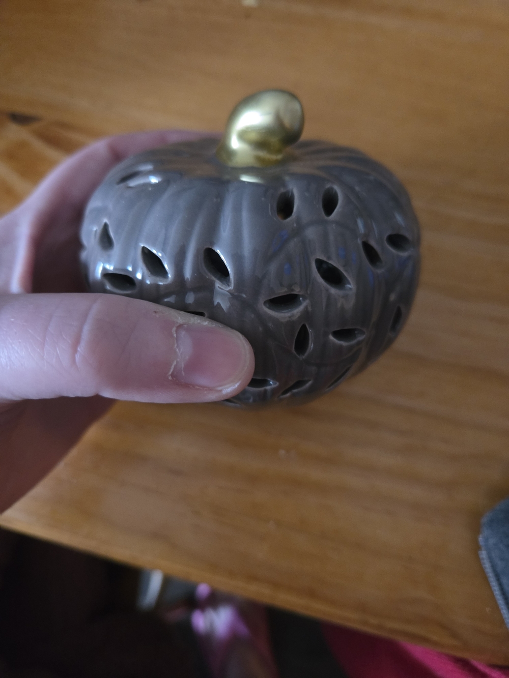 Gray Ceramic Pumpkin Tea Light Holder with Gold Stem